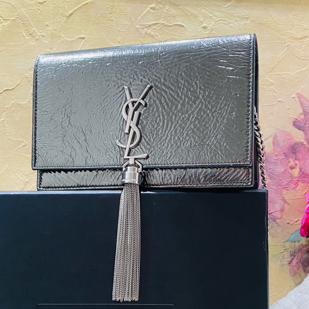 YSL wallet on Chain Wrinkled Metallic Leather Crosbody